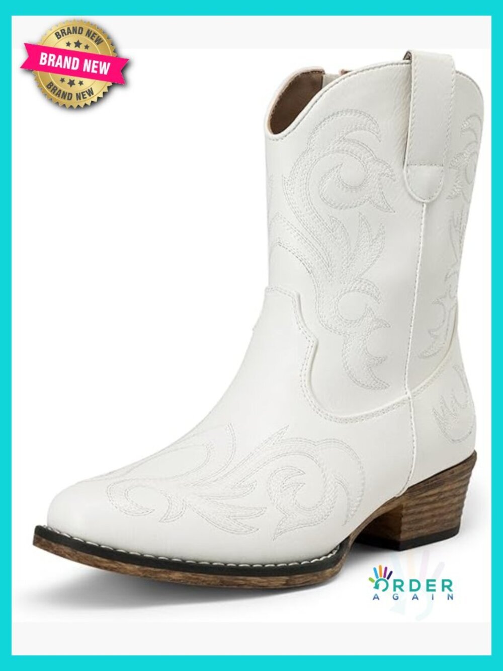 Square Toe Embroidered Chunky Heel Ankle Booties with Zip